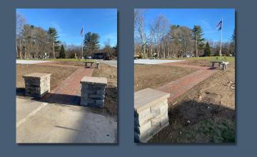 2 images of completed brick pathway with benches and stone columns, on front lawn